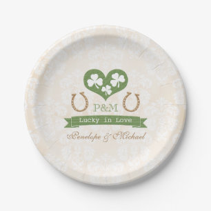 Monogrammed Lucky Horseshoe and Shamrock Wedding Paper Plate