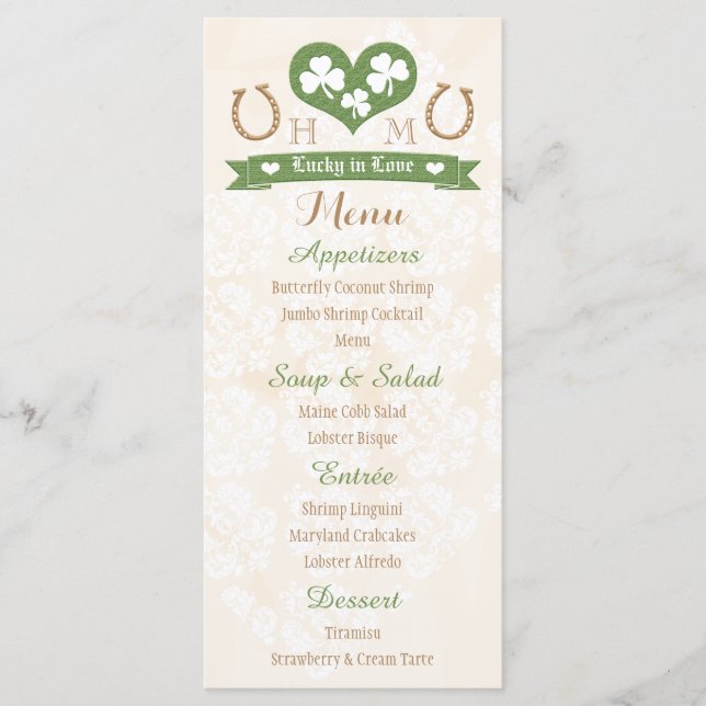 Monogrammed Lucky in Love Shamrock Wedding Menu (Front)