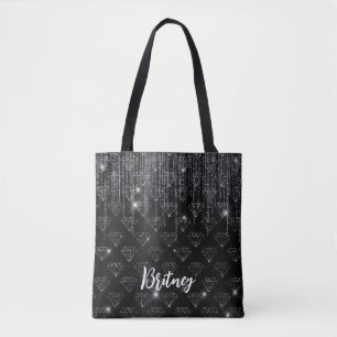 Monogrammed Luxury Black Glamour Glitter Diamonds Tote Bag