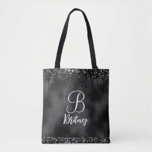 Monogrammed Luxury Black Glamour Glitter Pattern Tote Bag