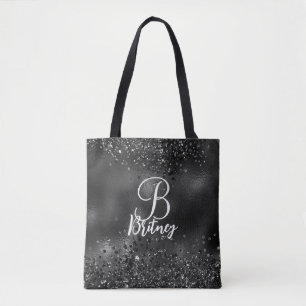 Monogrammed Luxury Black Glamour Glitter Pattern Tote Bag