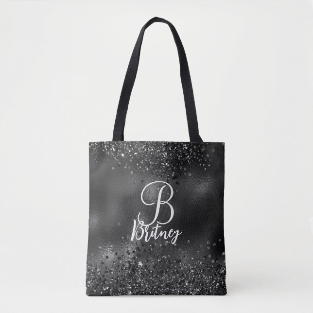 Monogrammed Luxury Black Glamour Glitter Pattern Tote Bag (Front)