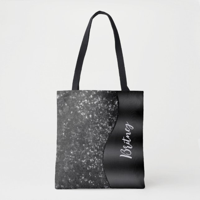 Monogrammed Luxury Black Glamour Glitter Pattern Tote Bag (Front)