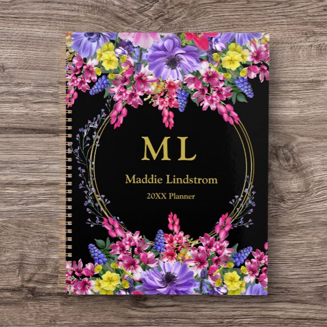Monogrammed Luxury Black Multicolor Floral Custom Planner (Journal/Planner with Name and Date. Customize for yourself or as a gift for a friend.)
