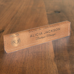 Monogrammed luxury rose gold copper glitter nameplate