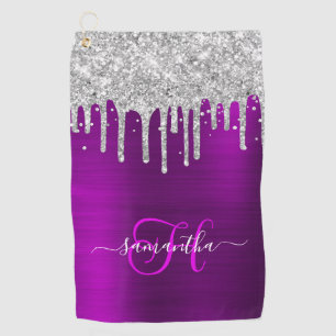 Monogrammed Magenta Purple Silver Dripping Glitter Golf Towel