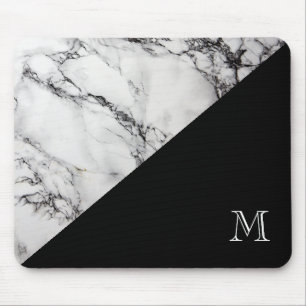 Monogrammed Marble Stone Texture Black And White Mouse Pad