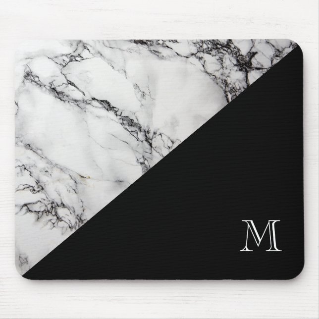Monogrammed Marble Stone Texture Black And White Mouse Pad (Front)