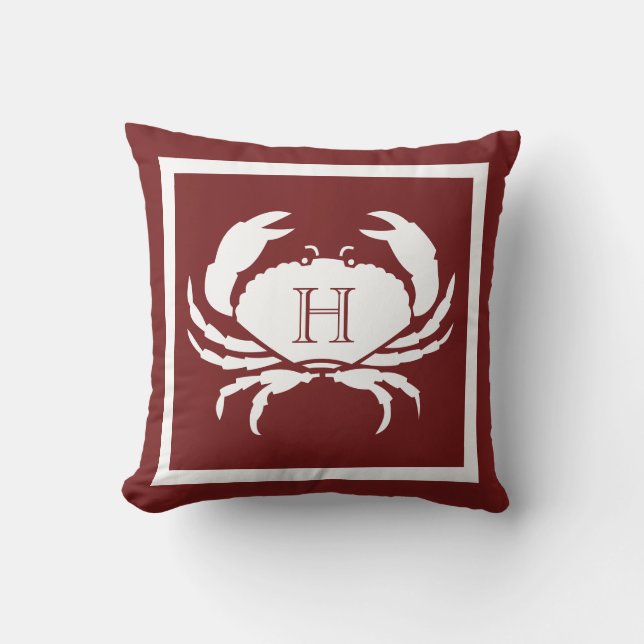 Monogrammed Maroon Rust Red White Crab Nautical  Cushion (Front)