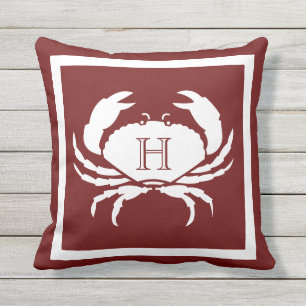 Monogrammed Maroon Rust Red White Crab Nautical  Cushion