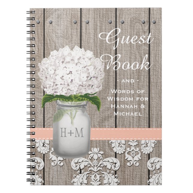 Monogrammed Mason Jar Coral Hydrangea Guest Book (Front)