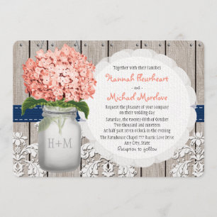 Monogrammed Mason Jar Coral Navy Hydrangea Wedding Invitation