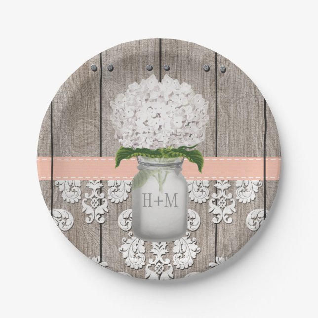 Monogrammed Mason Jar Peach Hydrangea Wedding Paper Plate (Front)