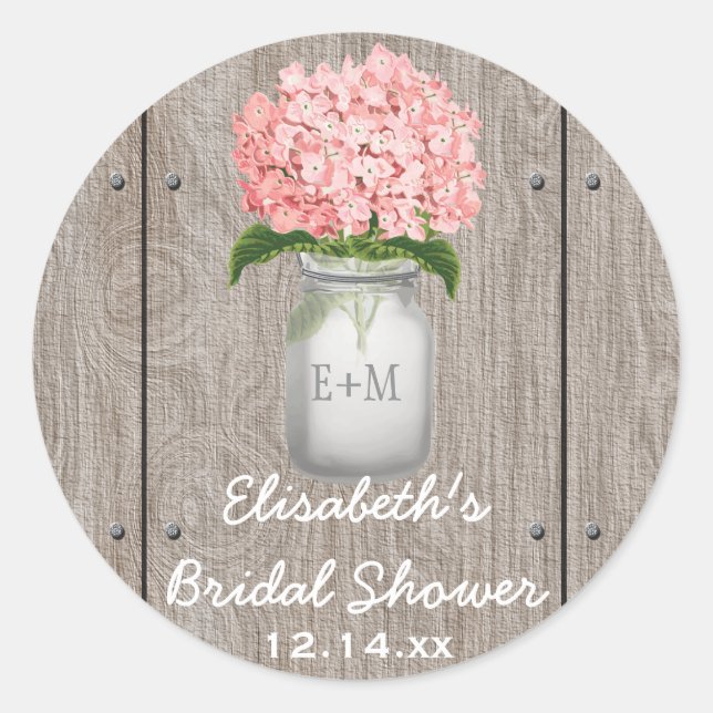 Monogrammed Mason Jar Pink Hydrangea Bridal Shower Classic Round Sticker (Front)