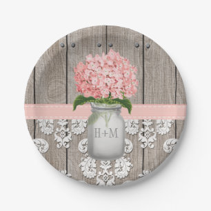 Monogrammed Mason Jar Pink Hydrangea Wedding Paper Plate