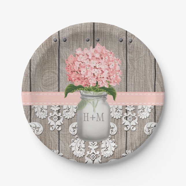 Monogrammed Mason Jar Pink Hydrangea Wedding Paper Plate (Front)