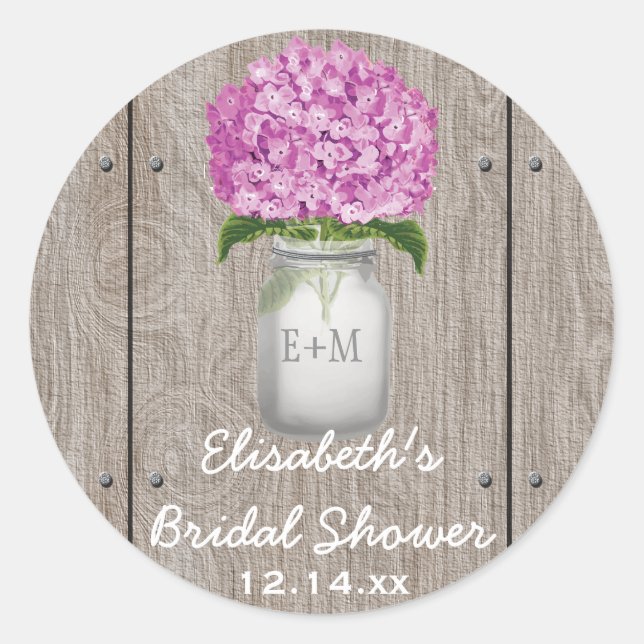 Monogrammed Mason Jar Plum Hydrangea Bridal Shower Classic Round Sticker (Front)