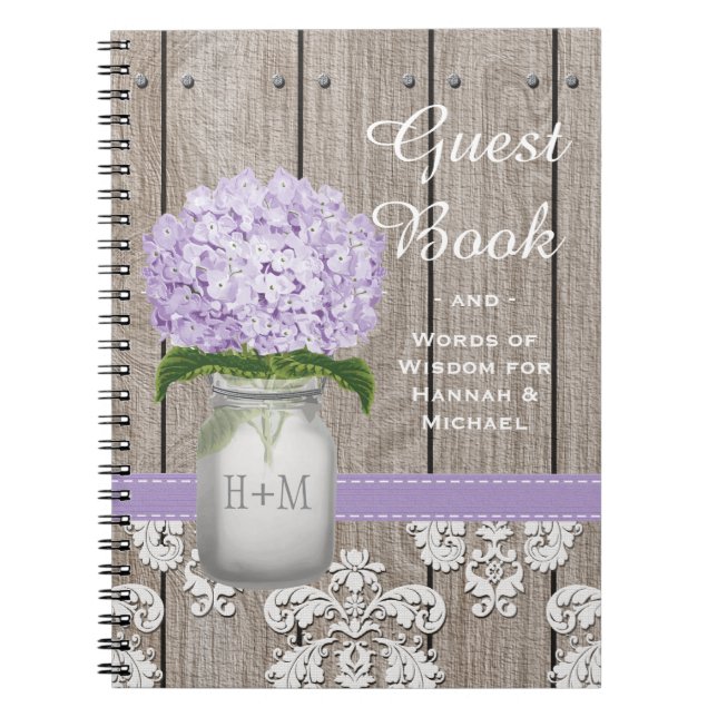 Monogrammed Mason Jar Purple Hydrangea Guest Book (Front)