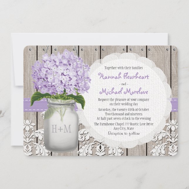 Monogrammed Mason Jar Purple Hydrangea Wedding Invitation (Front)