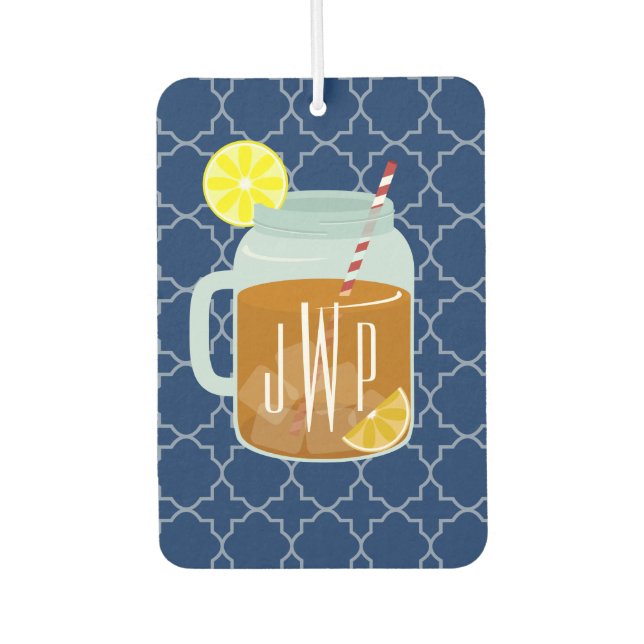 Monogrammed Mason Jar Sweet Tea - Navy Quatrefoil Car Air Freshener (Front)