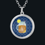 Monogrammed Mason Jar Sweet Tea - Navy Quatrefoil Silver Plated Necklace<br><div class="desc">A gift featuring an illustration of a mason jar of sweet tea and lemon wedges.  Personalise with your monogram.  Background is navy blue quatrefoil pattern.</div>