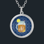 Monogrammed Mason Jar Sweet Tea - Navy Quatrefoil Silver Plated Necklace<br><div class="desc">A gift featuring an illustration of a mason jar of sweet tea and lemon wedges.  Personalise with your monogram.  Background is navy blue quatrefoil pattern.</div>