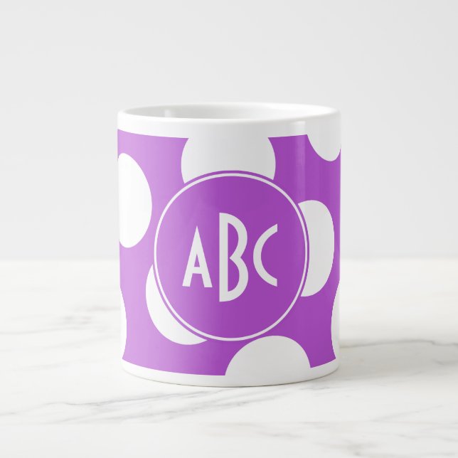 Monogrammed Medium Orchid and White Polka Dots Large Coffee Mug (Front)