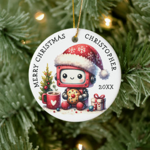 Monogrammed Merry Christmas Cute Robot Ceramic Ornament