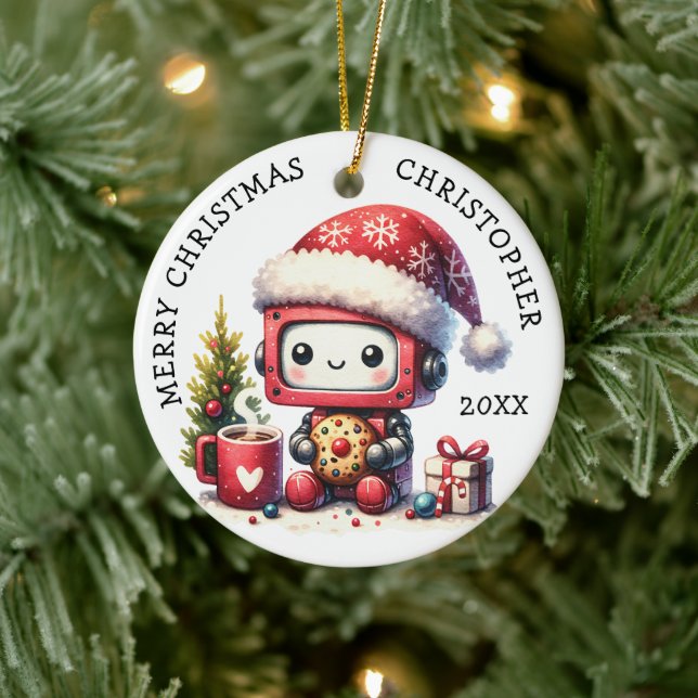 Monogrammed Merry Christmas Cute Robot Ceramic Ornament (Tree)