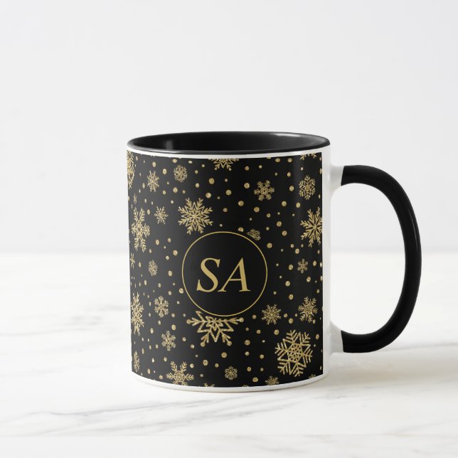 Monogrammed Merry Christmas Golden Snowflakes Mug (Right)