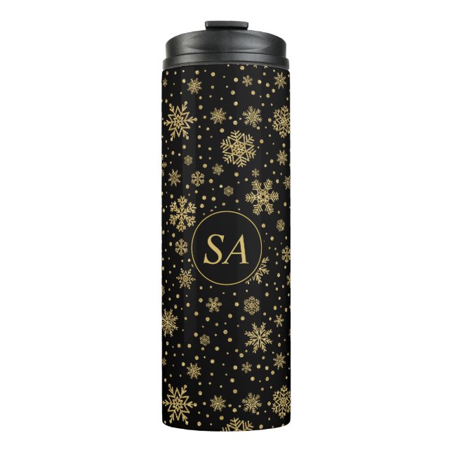 Monogrammed Merry Christmas Golden Snowflakes Thermal Tumbler (Front)