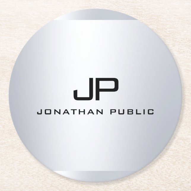 Monogrammed Metallic Faux Silver Template Elegant Round Paper Coaster (Front)