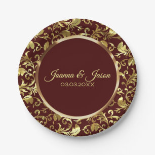 Monogrammed Metallic Gold Damask And Brown Circle Paper Plate