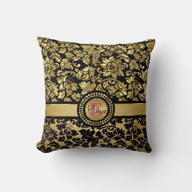 Monogrammed Metallic Gold Damask Cushion (Front)