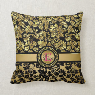 Monogrammed Metallic Gold Damask Cushion