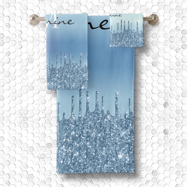 Monogrammed Metallic Ice Blue Dripping Glitter Bath Towel Set (Creator Uploaded)