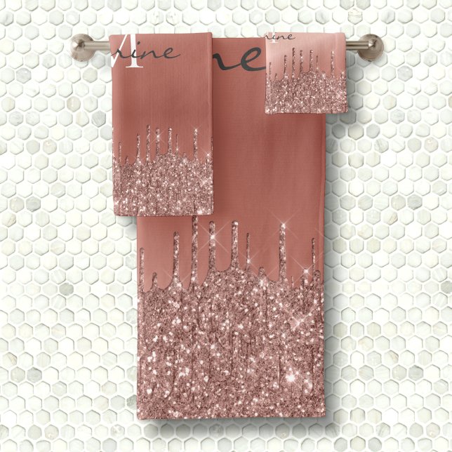 Monogrammed Metallic Rose Gold Dripping Glitter Bath Towel Set (Creator Uploaded)