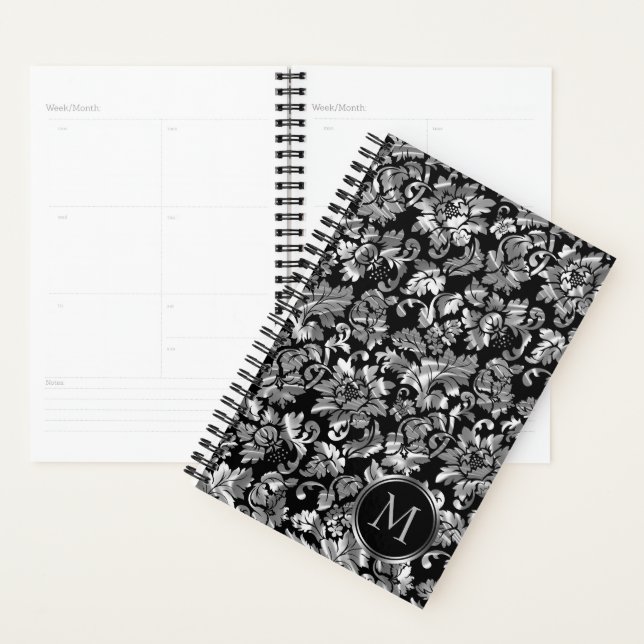 Monogrammed Metallic Silver Damask Pattern Planner (Display)