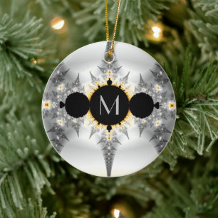 Monogrammed Metallic Silver Fractal Ceramic Ornament