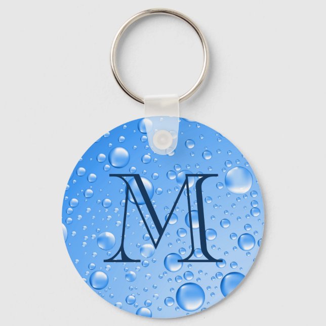 Monogrammed Metallic Sky Blue Rain Drops Key Ring (Front)