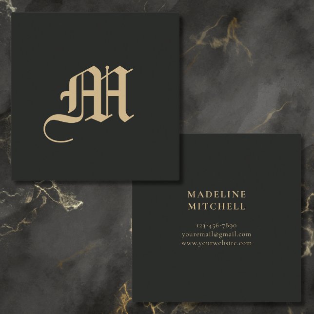 Monogrammed Minimal Elegant Ornate Black Gold Square Business Card (Creator Uploaded)