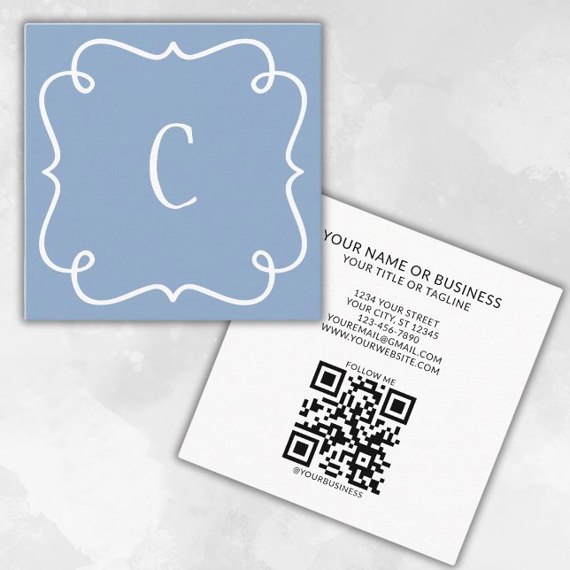 Monogrammed Minimal Trendy Unique Blue QR Code Square Business Card (Creator Uploaded)