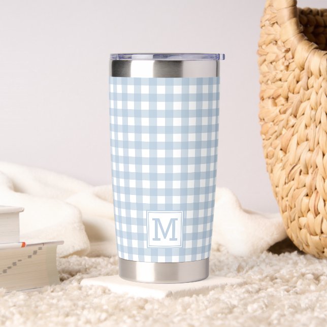 Monogrammed Minimalist Blue Gingham Plaid Pattern Insulated Tumbler (Living Room)