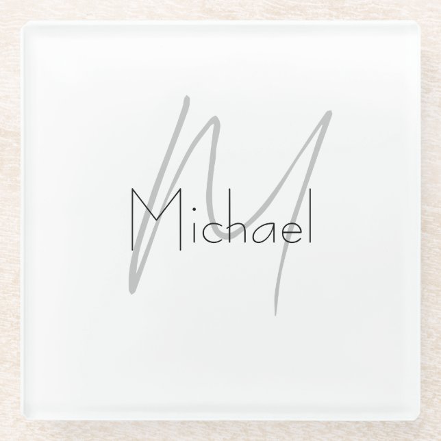 Monogrammed Minimalist Plain Modern Name Glass Coaster (Front)