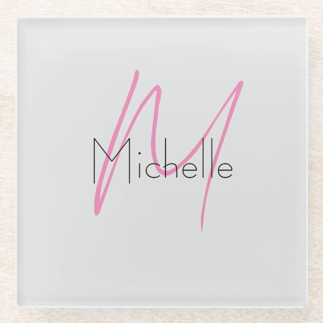 Monogrammed Minimalist Plain Modern Name Glass Coaster (Front)