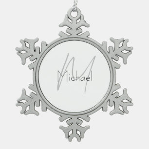 Monogrammed Minimalist Plain Modern Name Snowflake Pewter Christmas Ornament