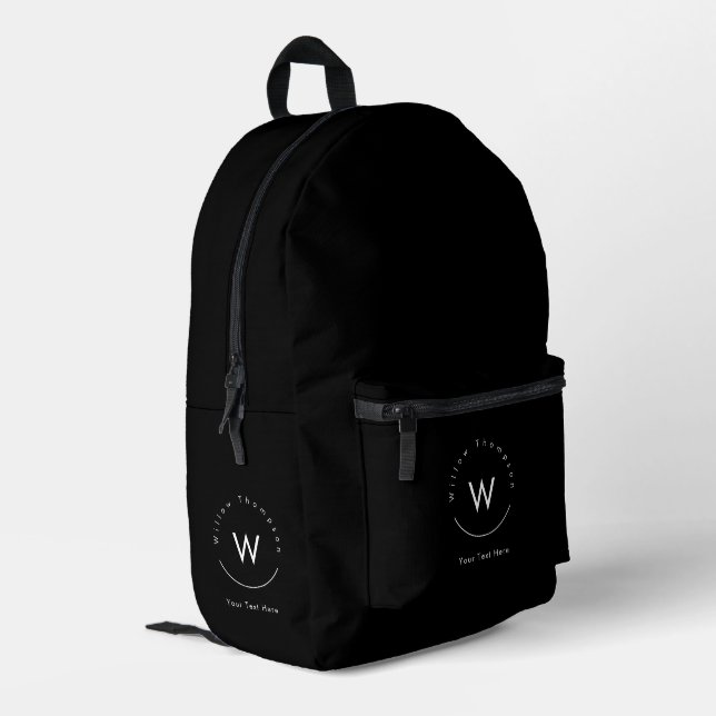 Monogrammed Minimalistic Modern Black Printed Backpack (Back Corner Left)