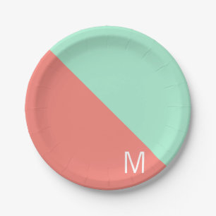 Monogrammed Mint and Coral Colour Block Paper Plate