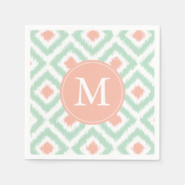 Monogrammed Mint and Coral Ikat Pattern Napkin (Front)