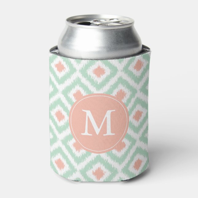 Monogrammed Mint and Coral Pattern Can Cooler (Can Front)